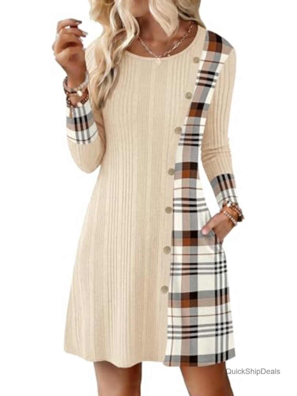 Women's Knit Sweater Dress Crew Neck Mini A-Line with Pockets - S-XL